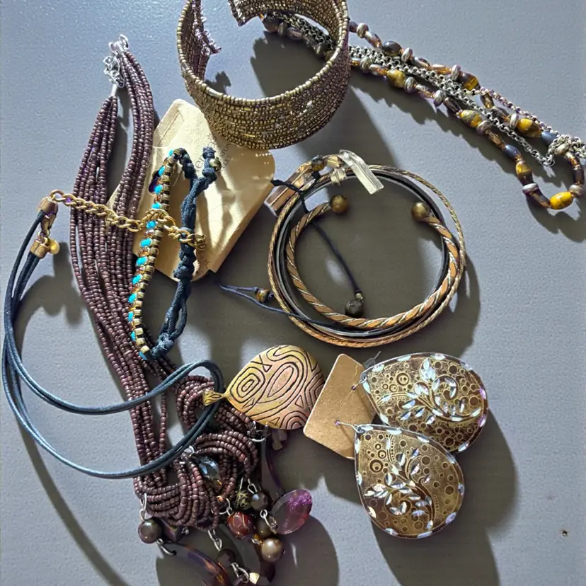 Brass Brown Copper Lot - 13 Pieces - 3 Necklaces 4 Bracelets - 5 Bangles- 1 Pierced Earrings