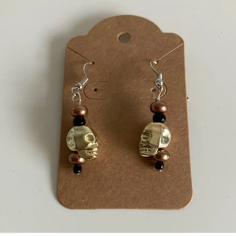 Vintage Gold Metal Skull Beaded Drop Earrings