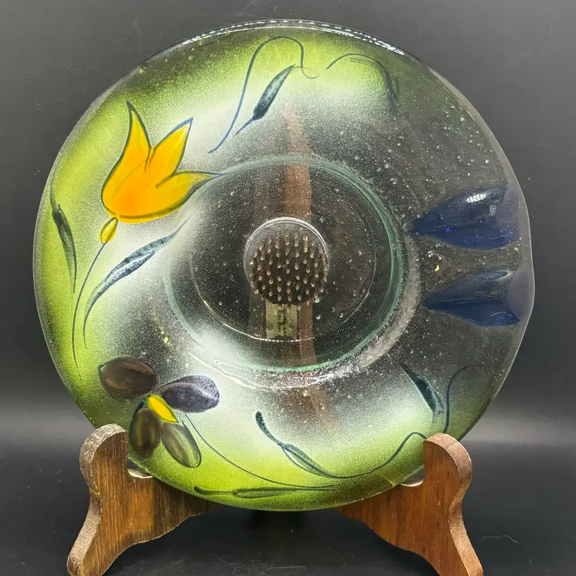 Fused Glass Ikebana Round Floral Frog Dish with Painted Detail 6”