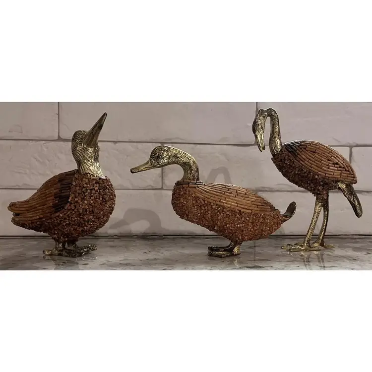 RARE Antique Set Of 3 Italian Gilt Brass w/ Natural African Beads Birds 1960s