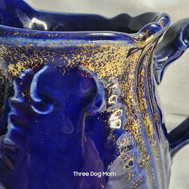 Antique Cobalt Blue Sprayed Gold Accents Pottery Jug Pitcher VGC