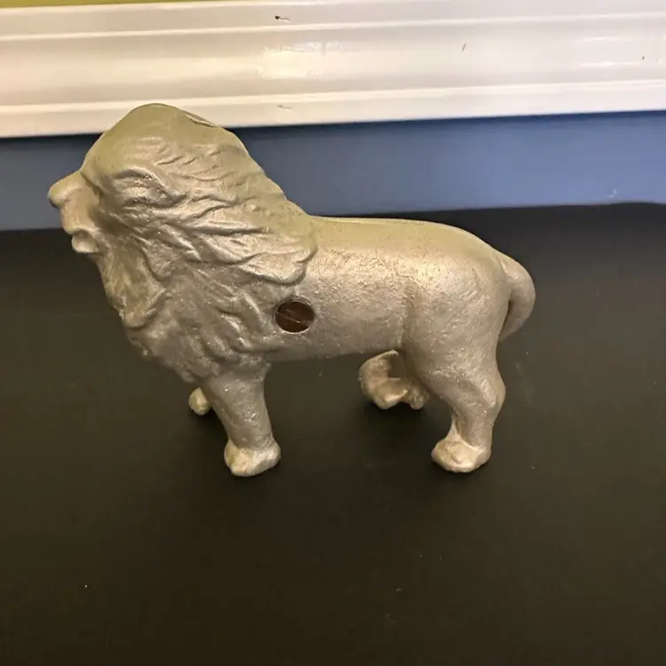 Vintage Cast Metal Lion Bank Tail Right Ears Back Silver Tone Coin 4”