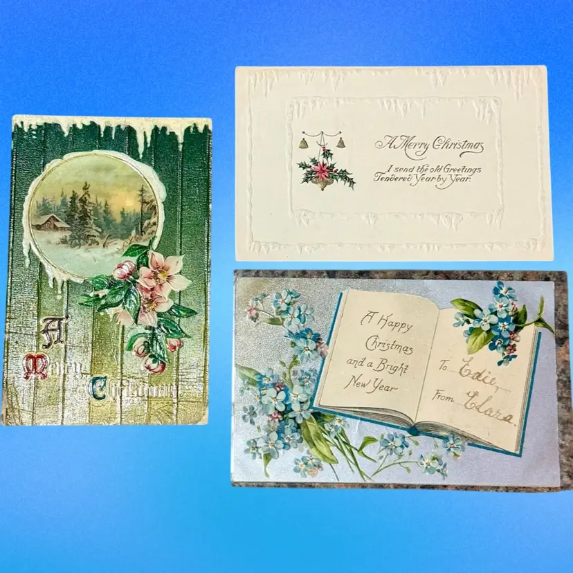 Lot G/3 Antique Christmas Embossed Floral Postcards, Used (One Posted) (KK)