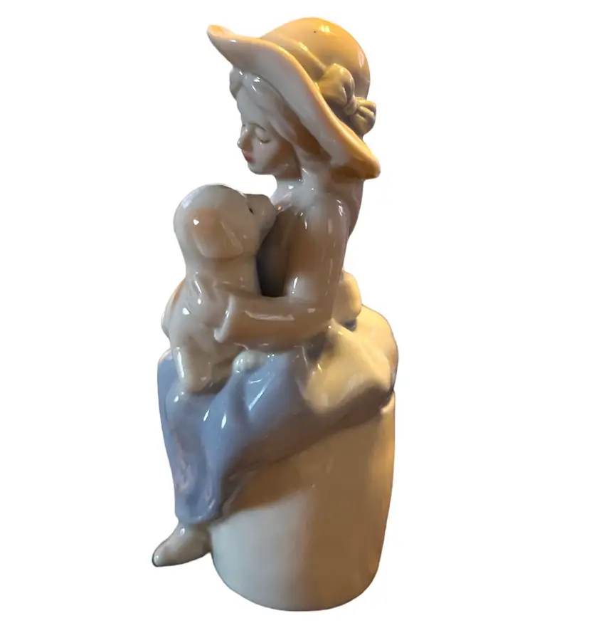 Vintage Girl and Puppy Dog Figurine Japan Blue and White Porcelain 5 ” X  2”