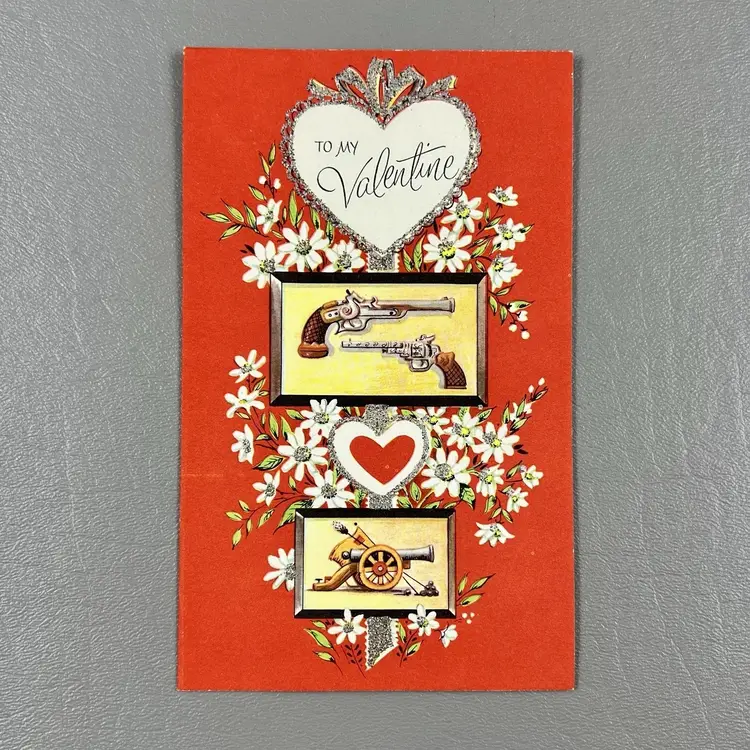 Vintage Valentine Greeting Card Guns & Canon Daisy Hearts Cordially Yours 6x3.5"