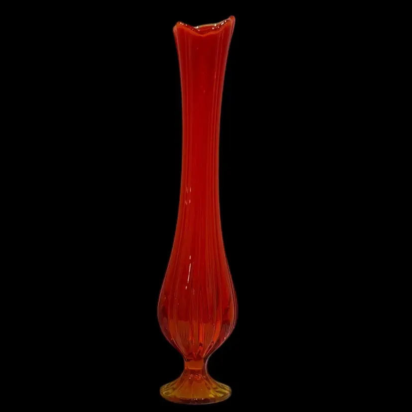 Vintage Mid-Century 19" LE Smith Persimmon Amberina Flame Swung Vase Red Yellow UV Reactive