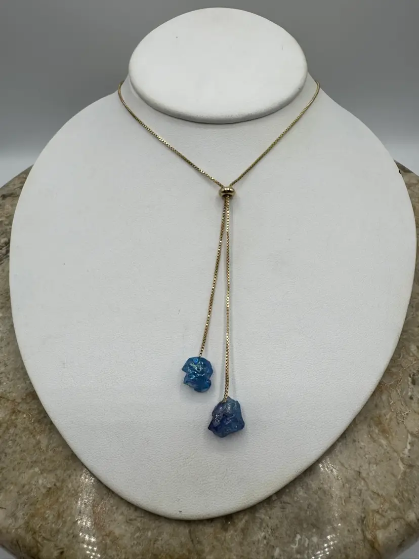 Gold Tone Lariette Style Slider, Necklace With Iridescent Blue Glass Crystals