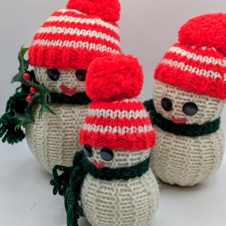 Kitschy Handcrafted Crochet Snowman Family with Hats & Scarves