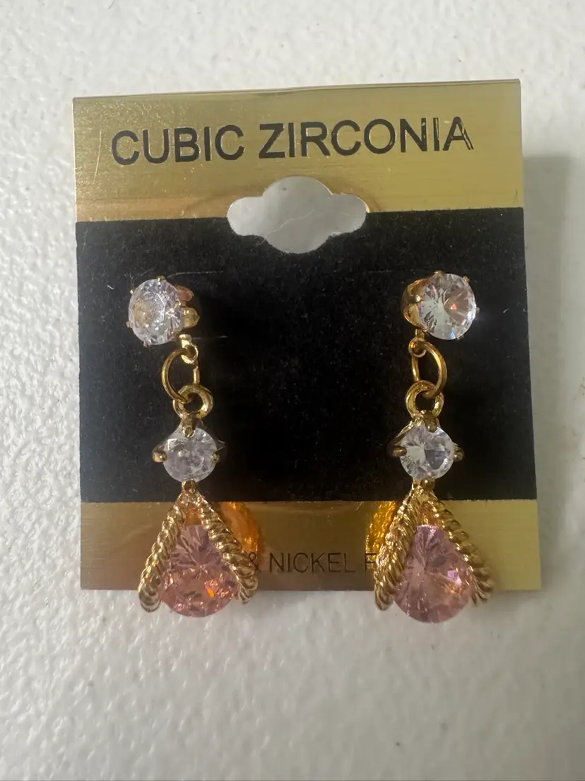 Vintage NOS Gold Tone Pink CZ Pierced Earrings