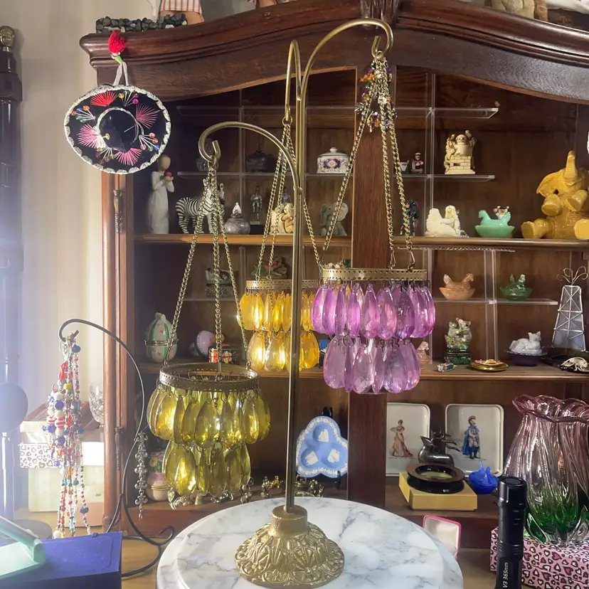3 Branch Gold Color Cast Iron Tea Candle Multi Color Teardrop Prisms