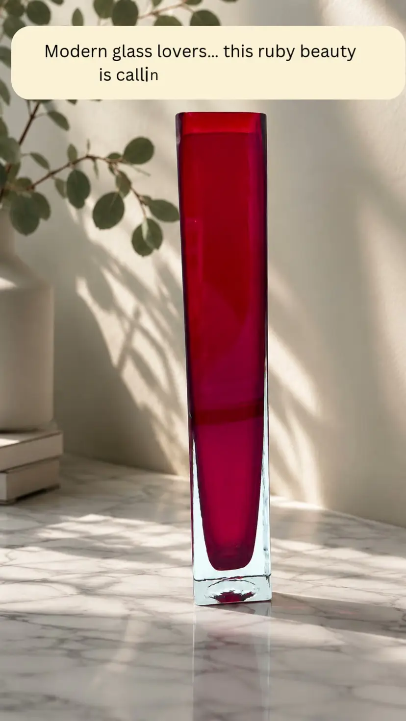Vintage Cased Ruby Red Bud Vase Glass Square Glass Modern Minimalist Art Glass