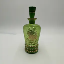 Bohemian Decanter Czech Enameled Fish 9in Green Glass Gold Vintage Serveware