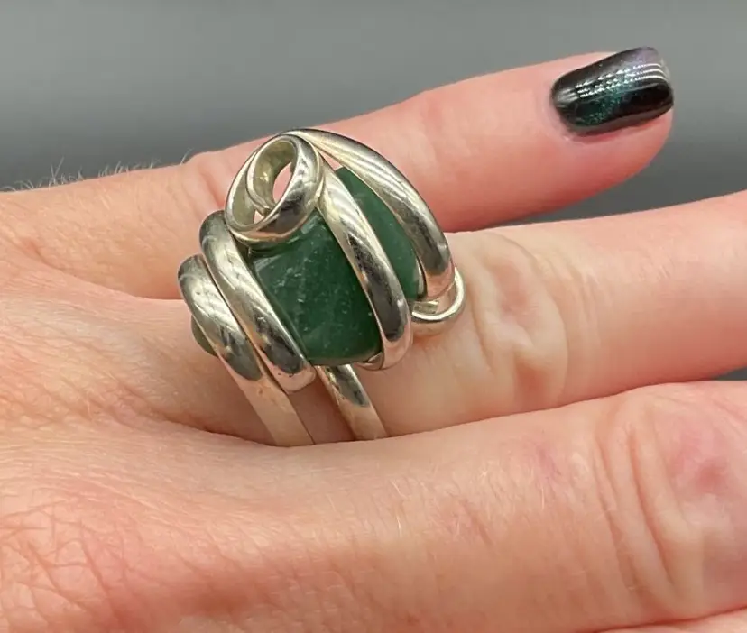 Adjustable Sterling Silver Ring Size 7/8 With Agate Stone Abstract Swirl Design