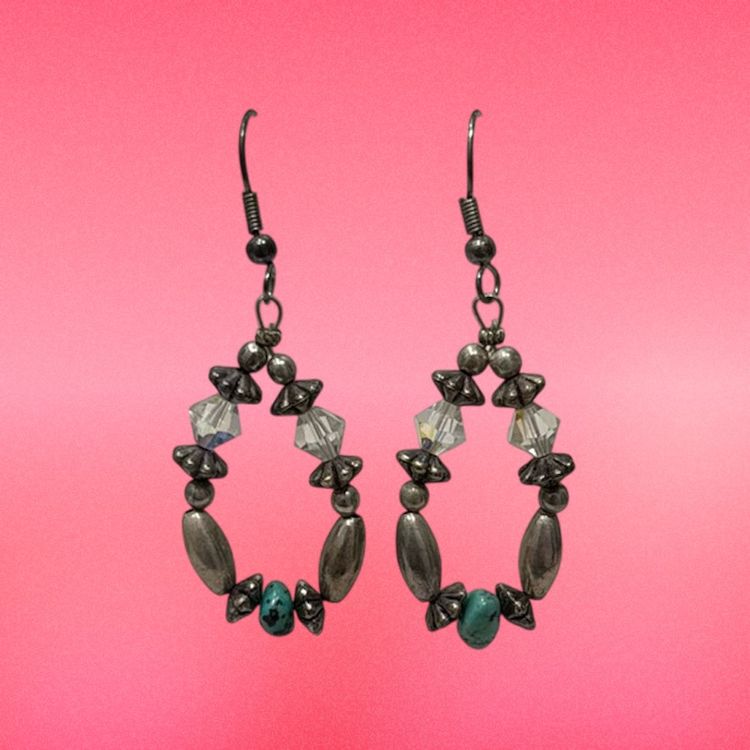 Vintage 1970’s Silver Plate Genuine Turquiose Chip & Crystal Dangle Earrings 2.25”