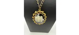 Vintage Gold-tone Cameo Pendant on Chain Cherub giving Woman Flowers