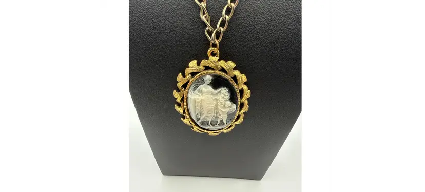 Vintage Gold-tone Cameo Pendant on Chain Cherub giving Woman Flowers