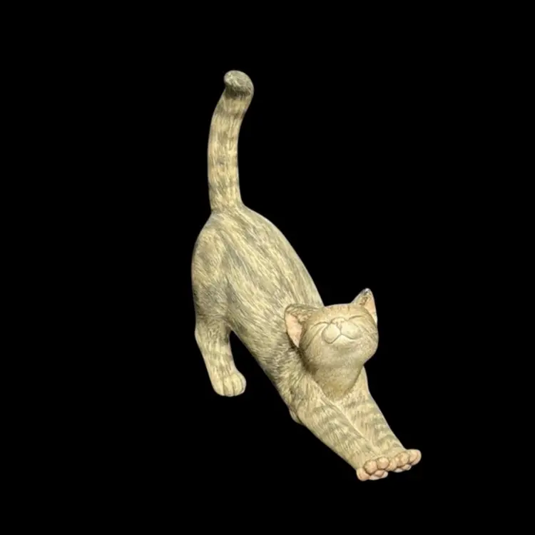 Vintage Sandcast Figurine  Stretching Cat Tan With Gray Stripes
4 1/2” T x 4” L x 1-1/2” W
