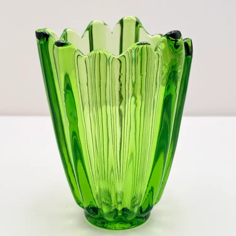 Viking Green Lotus Ribbed Art Glass Vase