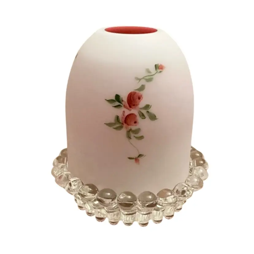 2-piece Fairy Lamp Marriage. Fenton For LG Wright Museum Peach Blow With Rose Top With Clear Insert - Missing Floral Ruffle Base 5” X 4 1/4”
