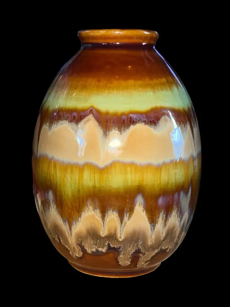 8” MCM Studio Art Green & Brown Copper Drip Glaze Pottery Vase Ceramic Vase