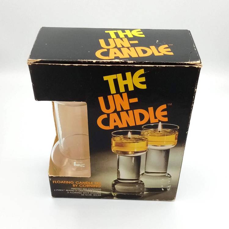 THE UNCANDLE 7" Pair Of  Pyrex Corning Floating Candles IOB Original Wicks 1970s