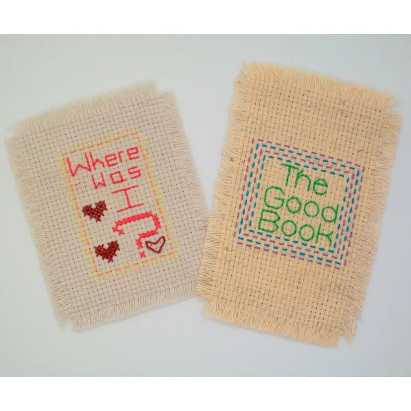 2 Cross Stitch Bookmarks WHERE WAS I and THE GOOD BOOK 2.25" x 4"