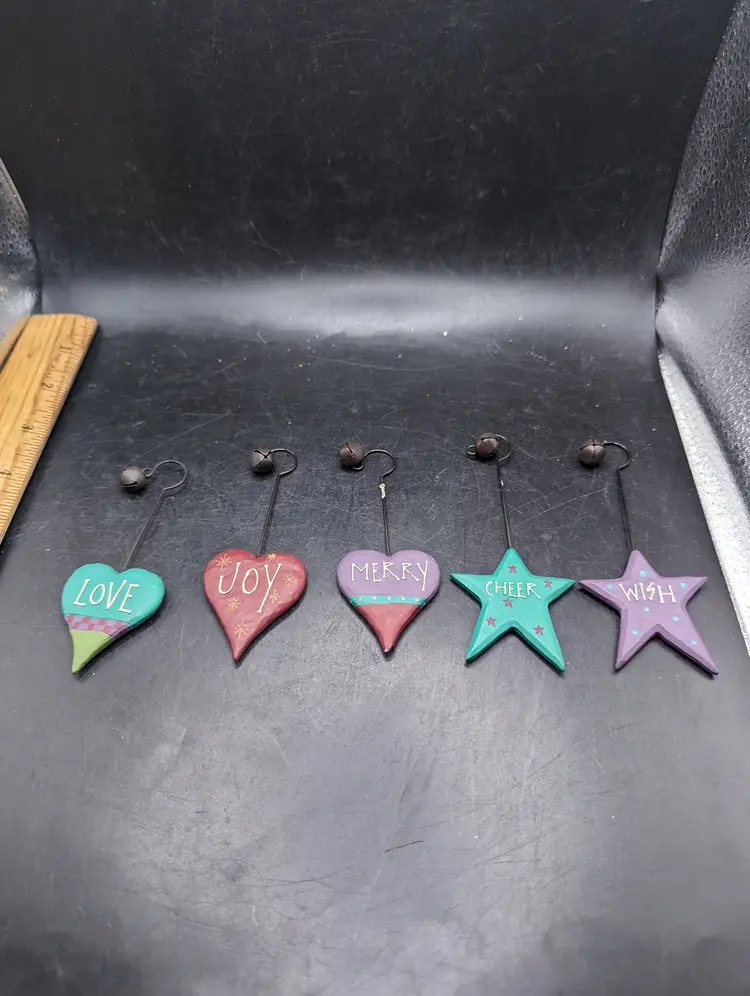 Set of 5 Inspiration Ornaments Love, Jolly, Wish, Merry and Cheer.