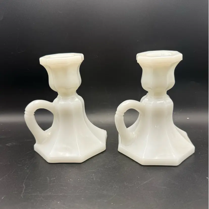 Vintage Anchor Hocking Milk Glass Octagon Chamber Stick Candle Holders