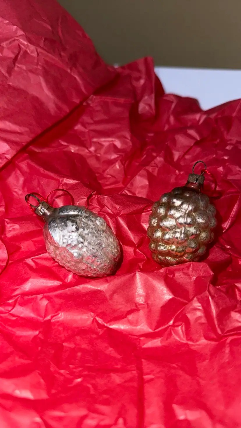 Vintage Mercury Glass Bumpy Christmas Ornaments Pine Cone, Strawberry