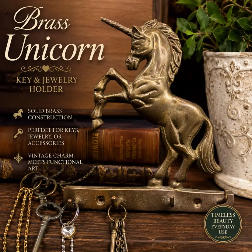 Vintage Solid Brass Unicorn Wall Key Holder Jewelry Rack 5 Hook Fantasy Decor