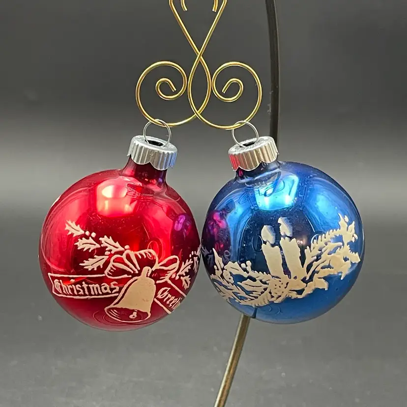 Shiny Brite Glass Ornaments VTG Red Christmas Greetings Blue Candles Lot of 2