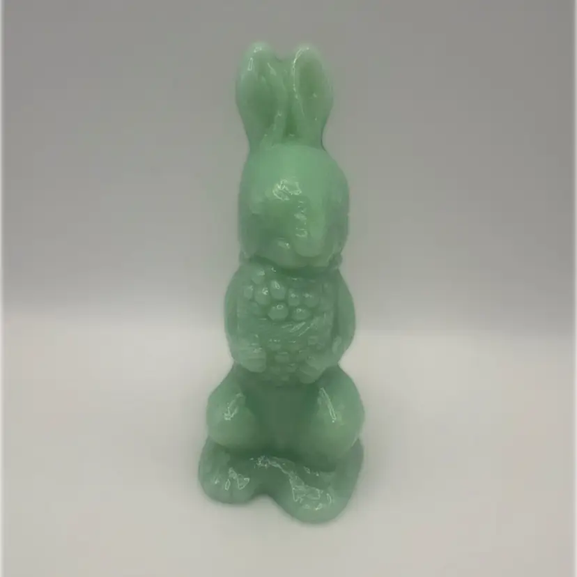 Mosser Jadeite Glass Bunny Rabbit Figurine With A Basket, 5-1/2” Tall