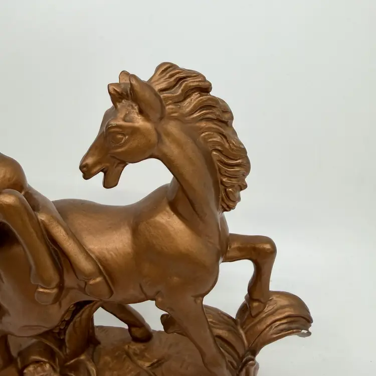 Bronze Tone Tabletop Sculpture 2 Horses Rearing And Playing On A Natural Terrain Base Hobbiest Plaster Piece