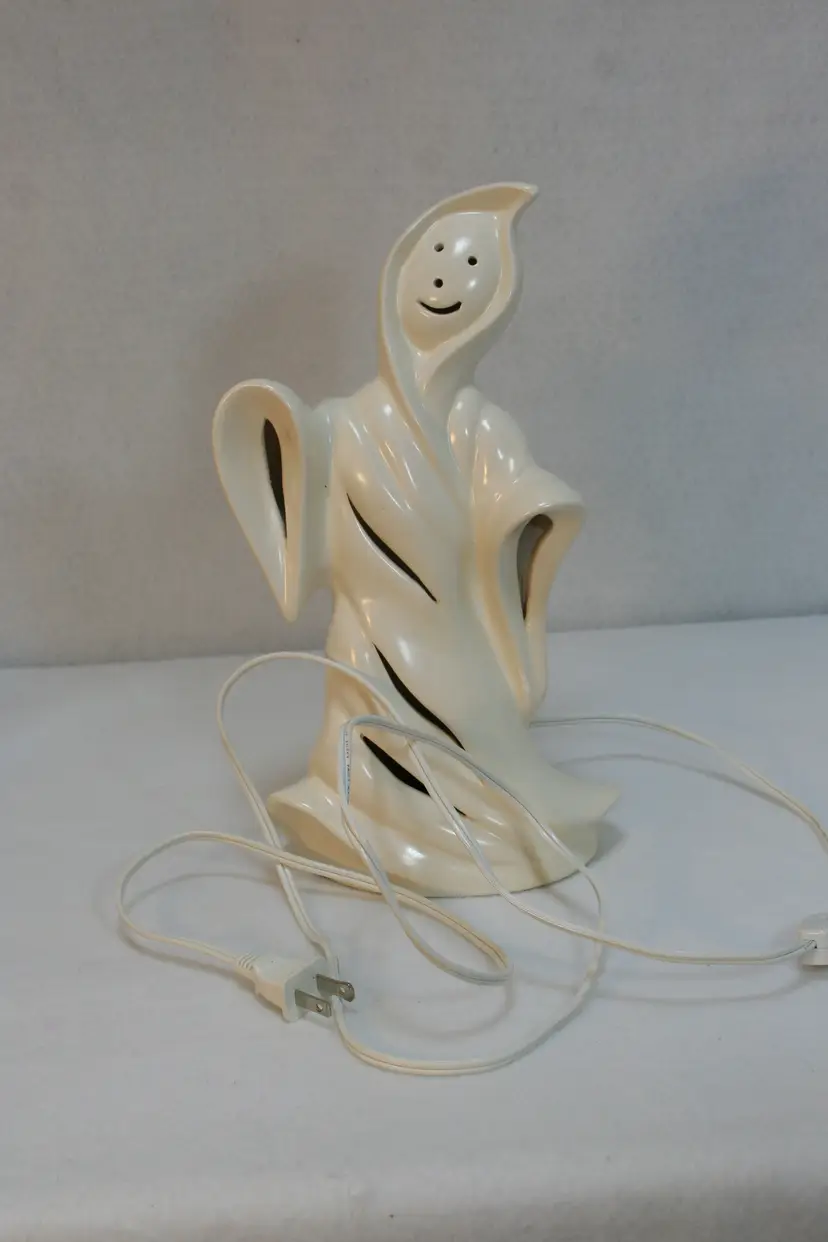 VTG Spooky White Ceramic Ghost Halloween Decor Orange Lighted Lamp WORKS