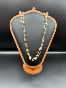 Vintage 50 Inch Aurora Borealis Glass Necklace with Gold Tone Textured Spacers