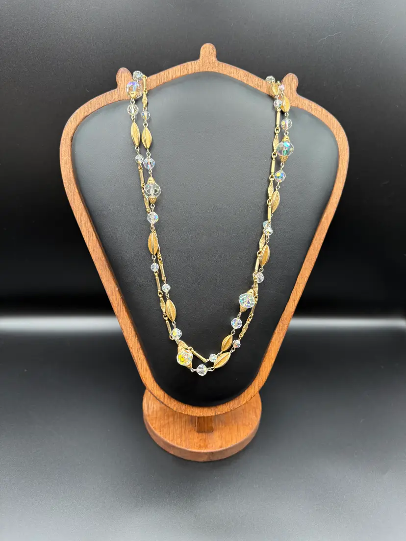 Vintage 50 Inch Aurora Borealis Glass Necklace with Gold Tone Textured Spacers
