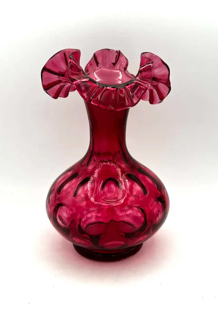 Fenton Rich Cranberry Coin Dot Ruffled Vase 8.5” Tall