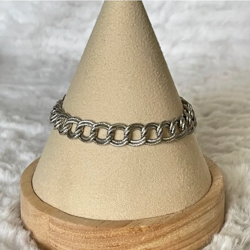 Vintage Monet Silver Tone Textured Chain Double Link Charm Bracelet, Signed