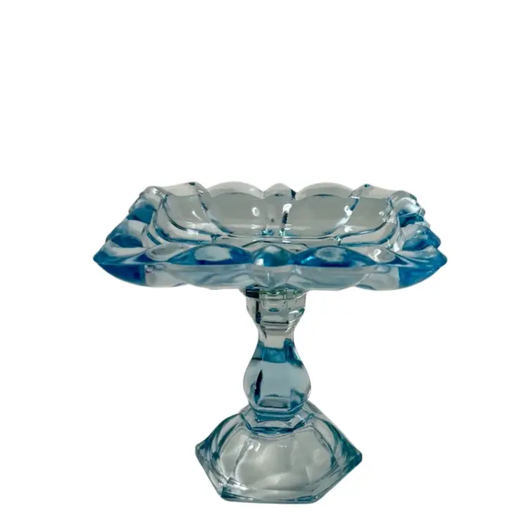 Tiara Indiana Glass Blue Footed  Trinket Tray 3.75” Tall Candle Holders Set of Two Vtg READ
