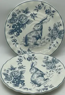 Maxcera Blue Toile Bunny Rabbit Scalloped Cabbage Rose Salad Plates 2 Spring