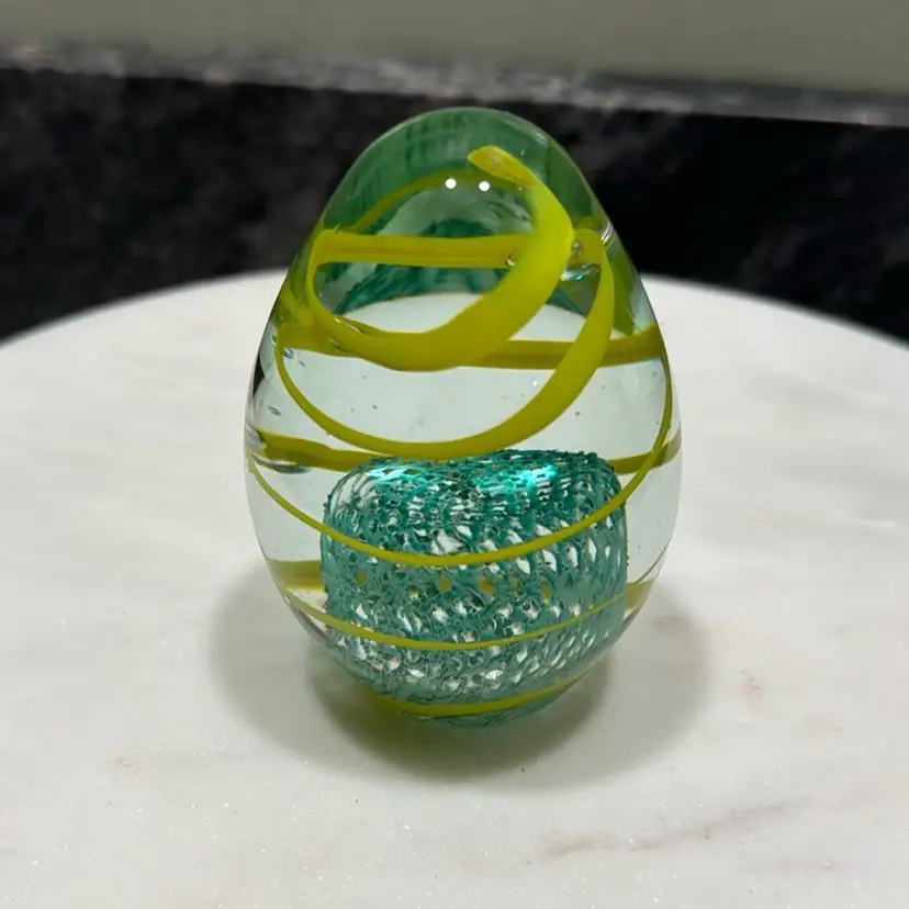 Vintage Art Glass Paperweight Clear with Yellow Stripes and Green Latticino