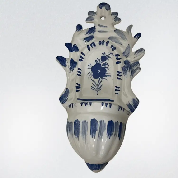 Vintage European Hand-Painted Ceramic Holy Water Font- Wall Mounted - Stoup/ benditeras 7.5”