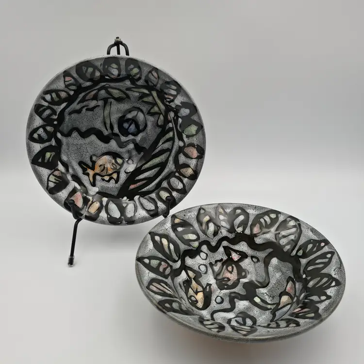 Studio Pottery Bowls With Beach, Fish, and Peace Sign