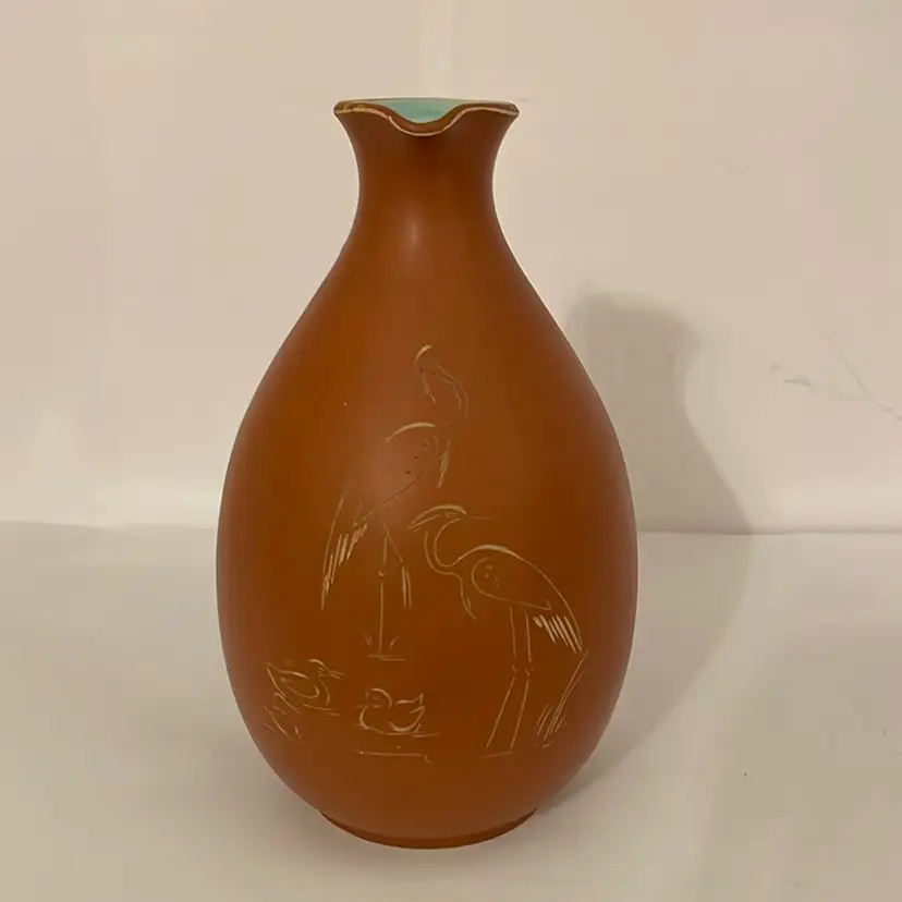 #506 Matte Brown Etched With Cranes And Ducks Glazed Light Blue Inside Jug Vase With Handle