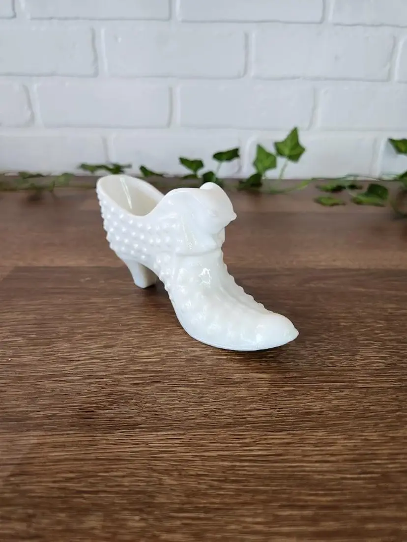 Vintage Fenton Cathead Milk Glass Hobnail Shoe Slipper