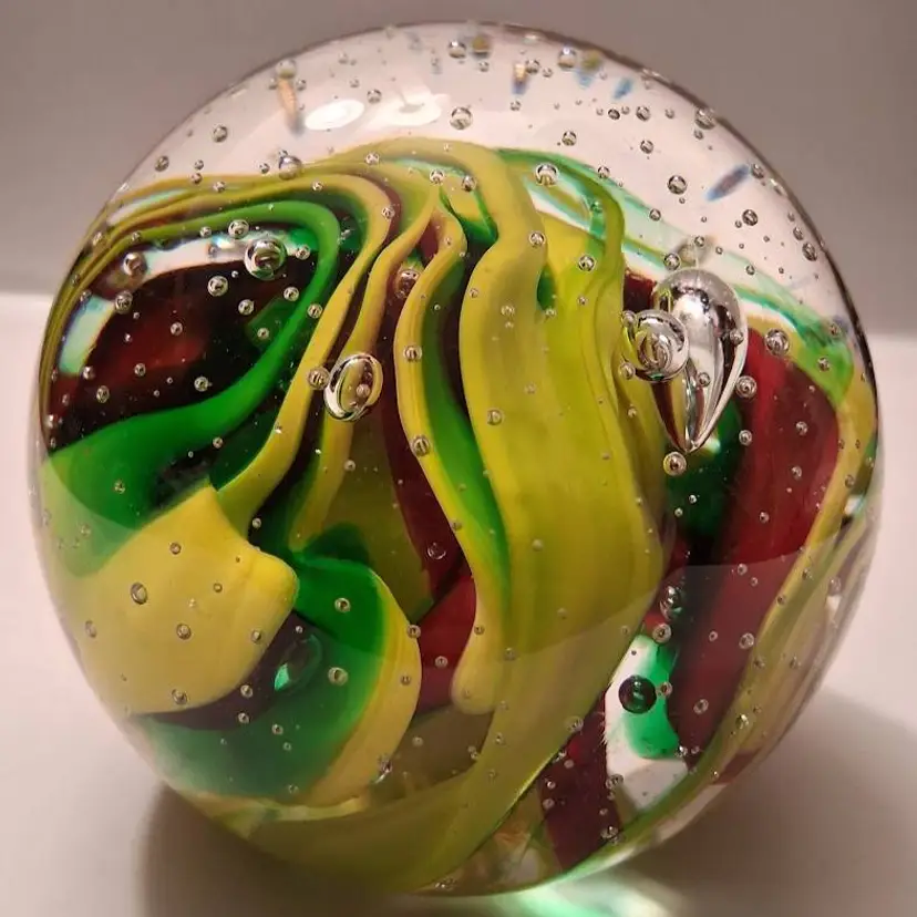 Vintage Studio Art Glass Magnum Yellow, Green, Red, Controlled Bubble Paperweight, Signed 'Ruby May 2001'