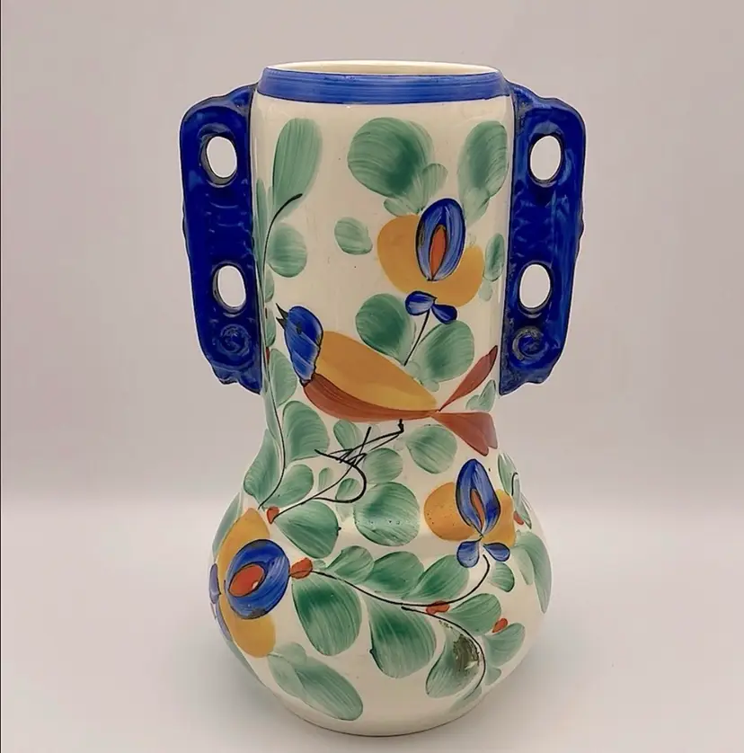 Vintage Bern Pottery Vase, Czechoslovakia, Hand painted Bird, Leaves, Florals, Handles, Stamped