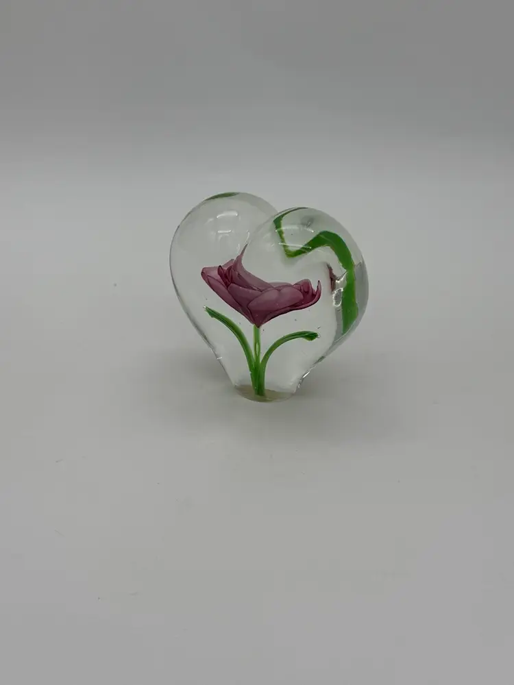 Celebrations Royal Pink Flower Heart Shape Crystal Glass Paperweight 4” X 4”