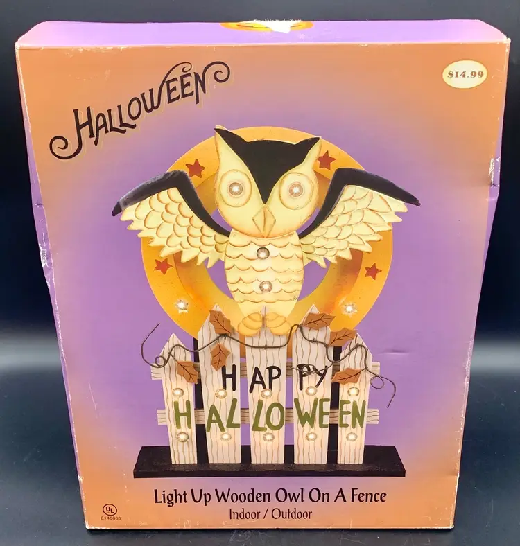 Gemmy Halloween Light Up Wooden Owl On A Fence 2006 Open Box Complete Tested