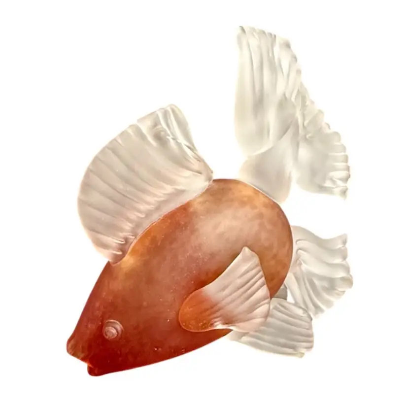 Frosted Art Glass Fish Sculpture Figurine By Andrew Shea Spotted Coral/Peach Fish Clear Frosted Glass Fins 
10”T x 8-1/2” L x 5” W